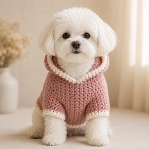 Könnte beinhalten: Ein kleiner weißer Hund mit flauschigem Fell trägt einen gehäkelten Kapuzenpullover in Altrosa. Der Pullover hat ein strukturiertes Strickmuster mit einem kontrastierenden cremefarbenen Rand an der Kapuze, den Ärmeln und am Saum.