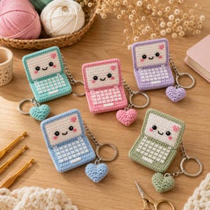 May include: Five crochet laptop keychains in light blue, pink, purple, dark blue, and sage green. Each features a smiling face on the screen, a keyboard pattern, a silver metal keyring, and a small matching heart-shaped charm attached to the chain.