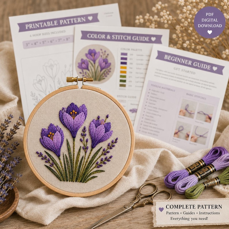 Patrón de bordado de flores Crocus Trio en PDF, bordado floral moderno ...