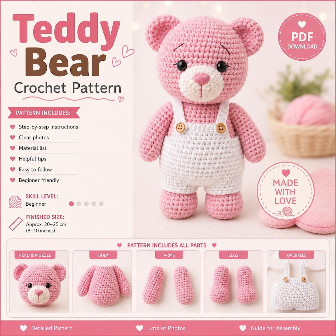 Crochet Teddy Bear Pattern, Beginner Amigurumi Plush Toy (PDF Download ...