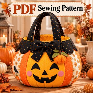 Schnittmuster für eine Kürbis-Süßigkeitentüte, Patchwork-Halloween-Projekt (PDF) herunterladen