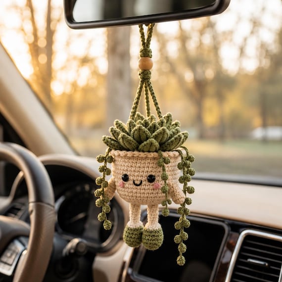 Crochet Hanging Succulent Car Charm Pattern (PDF), Kawaii Rearview Mirror Decor