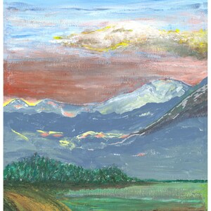 May include: An acrylic painting of a mountain landscape with a sunset. The sky transitions from blue to red and yellow, with white clouds. Mountains are in the mid-ground, and a green field and dirt road are in the foreground.