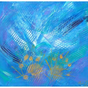 May include: Abstract painting with a predominantly blue color palette. The artwork features various shades of blue, with accents of teal, purple, and gold. The composition includes textured brushstrokes, geometric patterns, and organic shapes, creating a dynamic visual experience.