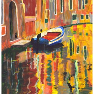 May include: An impressionistic painting of a canal scene. A blue and white boat with a red interior floats on the water. Buildings with orange, yellow, and red hues line the canal. Reflections of the buildings and boat are visible in the water.