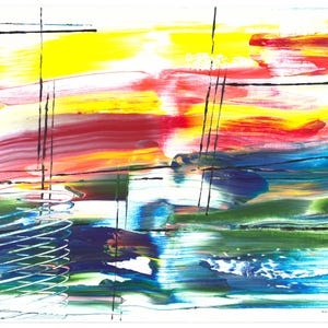 May include: Abstract acrylic painting with bold brushstrokes in shades of yellow, red, blue, and green. Vertical black lines and a white spiral element add contrast. The artwork evokes a sense of a vibrant landscape or sunset.