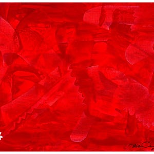 May include: Abstract red painting with textured brushstrokes and a small white daisy with a yellow center in the lower left corner. The artwork has a vibrant, energetic feel, with the artist's signature and the year 2025 in the lower right corner.