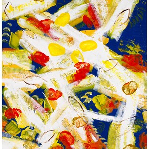 May include: Abstract painting with a deep blue background and layered brushstrokes in white, yellow, red, and brown. The artwork features a dynamic composition with textured paint applications, creating a vibrant and expressive visual experience.