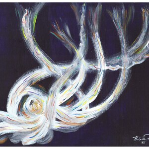 May include: Abstract painting featuring a white, swirling form with colorful streaks against a dark blue background. The artwork has a dynamic, flowing composition with visible brushstrokes, creating a sense of movement and energy. Signed in the bottom right corner.
