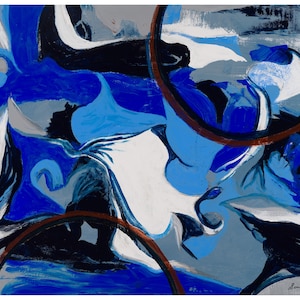 May include: Abstract painting with a dynamic composition of blues, whites, and blacks. The artwork features fluid shapes and brushstrokes, with two brown circular elements. The painting has a modern aesthetic and a textured appearance.