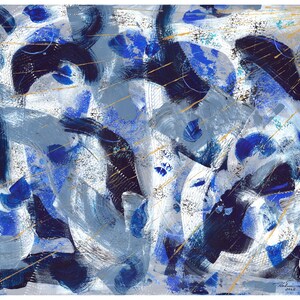 May include: Abstract painting with a palette of blues, whites, and touches of gold. The artwork features bold brushstrokes and layered textures, creating a dynamic and expressive composition. The piece evokes a sense of movement and depth.
