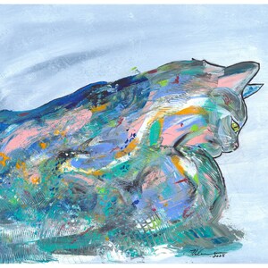 May include: An abstract painting of a cat in profile, rendered with a palette of blues, greens, pinks, and orange. The cat's form is defined by bold brushstrokes, with a light blue background. The artwork is signed and dated.