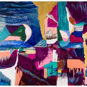 May include: Abstract painting with a vibrant mix of colors. The artwork features bold brushstrokes and geometric shapes in shades of blue, purple, pink, green, and gold. The composition is dynamic and textured, creating a visually engaging piece.