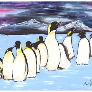 May include: An acrylic painting depicts a group of emperor penguins in a snowy landscape. The penguins have black heads, yellow markings, and white bellies. The background features a blue and purple sky, snow-covered mountains, and a light blue ground.