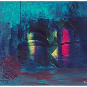May include: Abstract painting with a palette of blues, greens, and reds. The artwork features layered brushstrokes and textures, with a central area of layered shapes and a vertical streak of pink. Signed "Sodio '15".