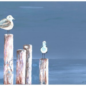 May include: An acrylic painting depicts two seagulls perched on weathered wooden posts against a blue background. The birds have white heads and gray and brown wings. The posts are various heights, suggesting a seaside scene.