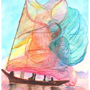 May include: Watercolor painting of a sailboat with a colorful sail. The sail is a mix of red, yellow, and blue hues. The boat is brown, and there are silhouettes of people on board. The background is a light blue sky and water.