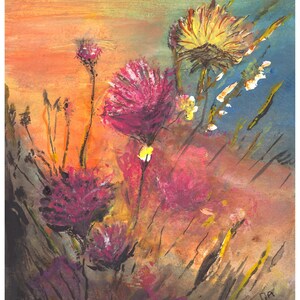May include: An abstract watercolor painting of wildflowers in shades of pink, yellow, and purple. The background features a gradient of orange, yellow, and blue hues, suggesting a sunset or sunrise. The artwork is signed in the bottom right corner.