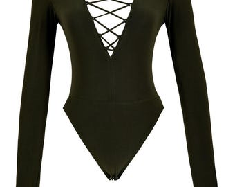 Liona bodysuit kakigroen veters v-hals lange mouw