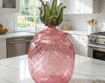 Hand Blown Glass Pineapple Jar with Decorative Green Lid | Storage Jar | Candy, Cookie jars.