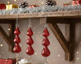 Blown Red Glass Christmas Ornament | Ribbed Teardrop Hanging Decoration | Elegant Holiday bauble.