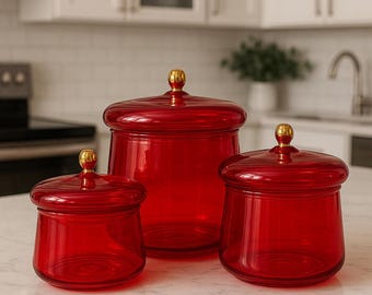 Blown Red Glass Apothecary Jars | Decorative Candy Bowls | Cookie Jar | Kitchen Accessories.