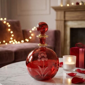 May include: A round, deep red glass decanter featuring a spherical stopper and a gold-toned neck collar. The body of the decanter is decorated with an etched floral design consisting of a vertical stem with leaves and a cluster of small circular blooms.