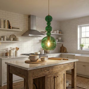 May include: A green glass pendant light fixture with a series of spherical shades hangs above a kitchen island. The light fixture has a brass-colored stem and a visible lightbulb. The kitchen features white brick tile and a wooden island.