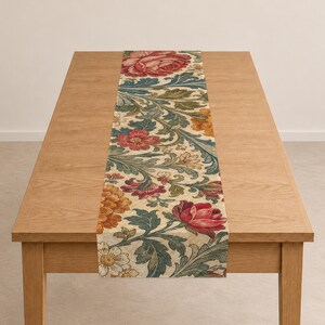 Vintage Rose Quilted Table Runner with Teal Scrolling Vines