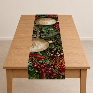 Christmas Ornament Quilted Table Runner with Berries and Pine
