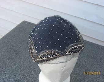 1950's Blue Straw with Beaded Trim and swiss dot veil