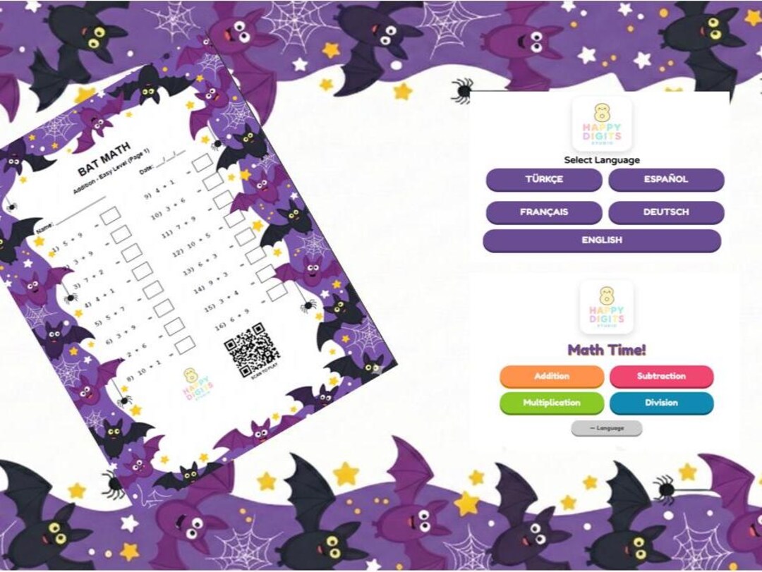 Bat Theme Math Worksheets for Kids With QR Code Games | 60 Page ...