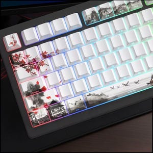 Könnte beinhalten: Mechanische Tastatur mit weißen Tastenkappen und einem schwarzen Rahmen. Einige Tastenkappen zeigen asiatisch inspirierte Kunstwerke in Rot, Schwarz und Weiß. Die Tastatur hat eine Regenbogen-LED-Hintergrundbeleuchtung.