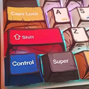 May include: Close-up of a mechanical keyboard with custom keycaps. The keycaps are painted with a cartoon style, featuring keys like "Shift", "Control", and "Super". The color scheme includes red, blue, yellow, and black.