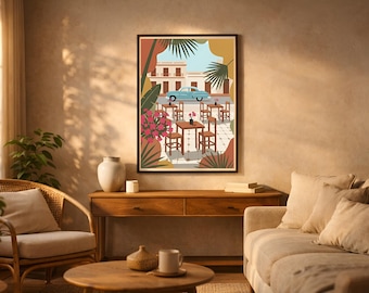 Lámina de arte callejero colorido de La Habana, decoración de pared de café cubano, ilustración de coche antiguo, arte bohemio para sala de estar, descarga digital