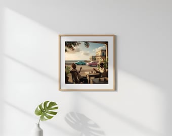 Arte mural de cafetería cubana: escena callejera vintage de La Habana con café, coches clásicos y ambiente caribeño / Decoración retro de viaje para el hogar