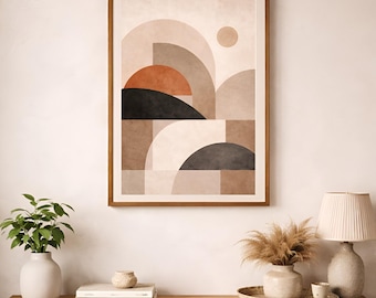 Puede incluir: Impresión artística abstracta en un marco de madera. La obra presenta formas geométricas en tonos marrones, beige y negro, con un elemento circular similar al sol. La impresión cuelga sobre una consola de madera con objetos decorativos.