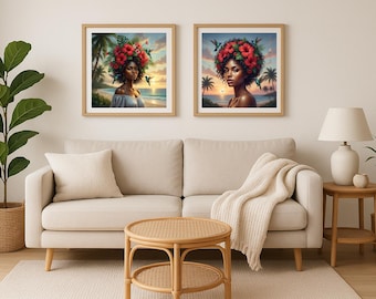 Tropical Hibiscus Woman Set of 2, Caribbean Portrait Prints Bundle, Hummingbird Boho Bedroom Decor, Digital Download