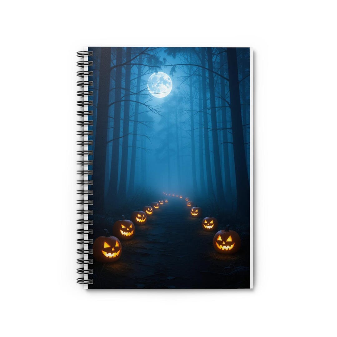 Jack-o'-lantern Path Spiral Notebook | Halloween Moonlit Forest Ruled ...