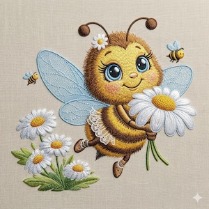 Könnte beinhalten: Gesticktes Bild einer lächelnden Biene, die einen Strauß Gänseblümchen hält. Die Biene hat gelbe und braune Streifen, blaue Flügel und große blaue Augen. Gänseblümchen mit weißen Blütenblättern und gelben Zentren sind ebenfalls abgebildet.
