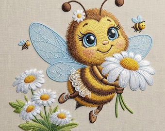 Bee Embroidery Design, Bumblebee Daisy Pattern, Spring Garden Machine Embroidery File