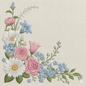 May include: Embroidered floral corner design featuring pink roses, white daisies, blue bellflowers, and forget-me-nots. The flowers are set against a beige linen background, creating a delicate and detailed botanical pattern.