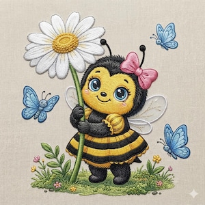 May include: A whimsical illustration of a cartoon bee holding a large daisy. The bee is dressed in a black and yellow striped dress and has a pink bow. Blue butterflies flutter around the bee, set against a neutral background.