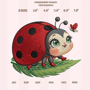 Cute Ladybug Embroidery Design, Red Ladybug on Leaf Machine Embroidery File, Kawaii Insect Stitch Pattern, Instant Download