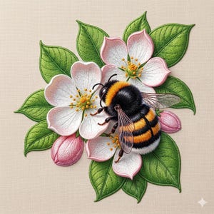 Op de afbeelding: Gedetailleerde illustratie van een hommel die rust op een cluster van witte en roze bloesems met groene bladeren. De bij heeft zwart-gele strepen. De bloemen hebben gele centra en zijn geplaatst tegen een beige achtergrond.
