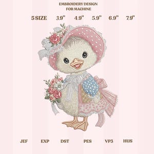 May include: An embroidery design for machine featuring a charming duckling wearing a pink bonnet with a floral arrangement. The design is available in 5 sizes, ranging from 3.9" to 7.9" and includes the text "EMBROIDERY DESIGN FOR MACHINE".