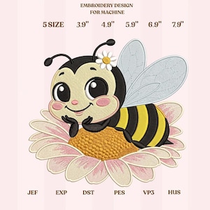 May include: An embroidery design for machine featuring a cartoon bee with a daisy on its head, resting on a large flower. The bee has black and yellow stripes. The design is available in 5 sizes, ranging from 3.9" to 7.9".