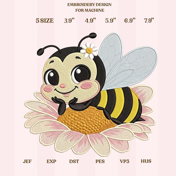 Cute Bee on Flower Embroidery Design, Kawaii Bee Machine Embroidery File, Daisy Insect Pattern, Digital Download