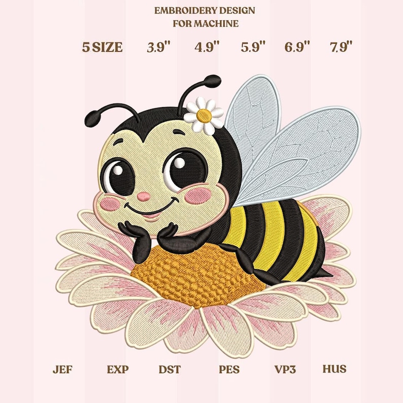May include: An embroidery design for machine featuring a cartoon bee with a daisy on its head, resting on a large flower. The bee has black and yellow stripes. The design is available in 5 sizes, ranging from 3.9" to 7.9".