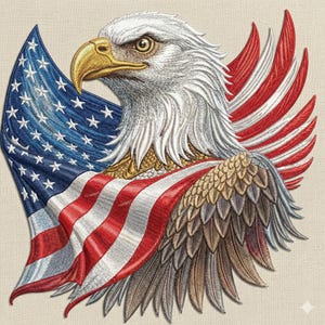 May include: Embroidered image of a bald eagle with a golden beak and piercing gaze. The eagle is set against the backdrop of the American flag, with its wings and body partially draped in the red and white stripes and blue field of stars.